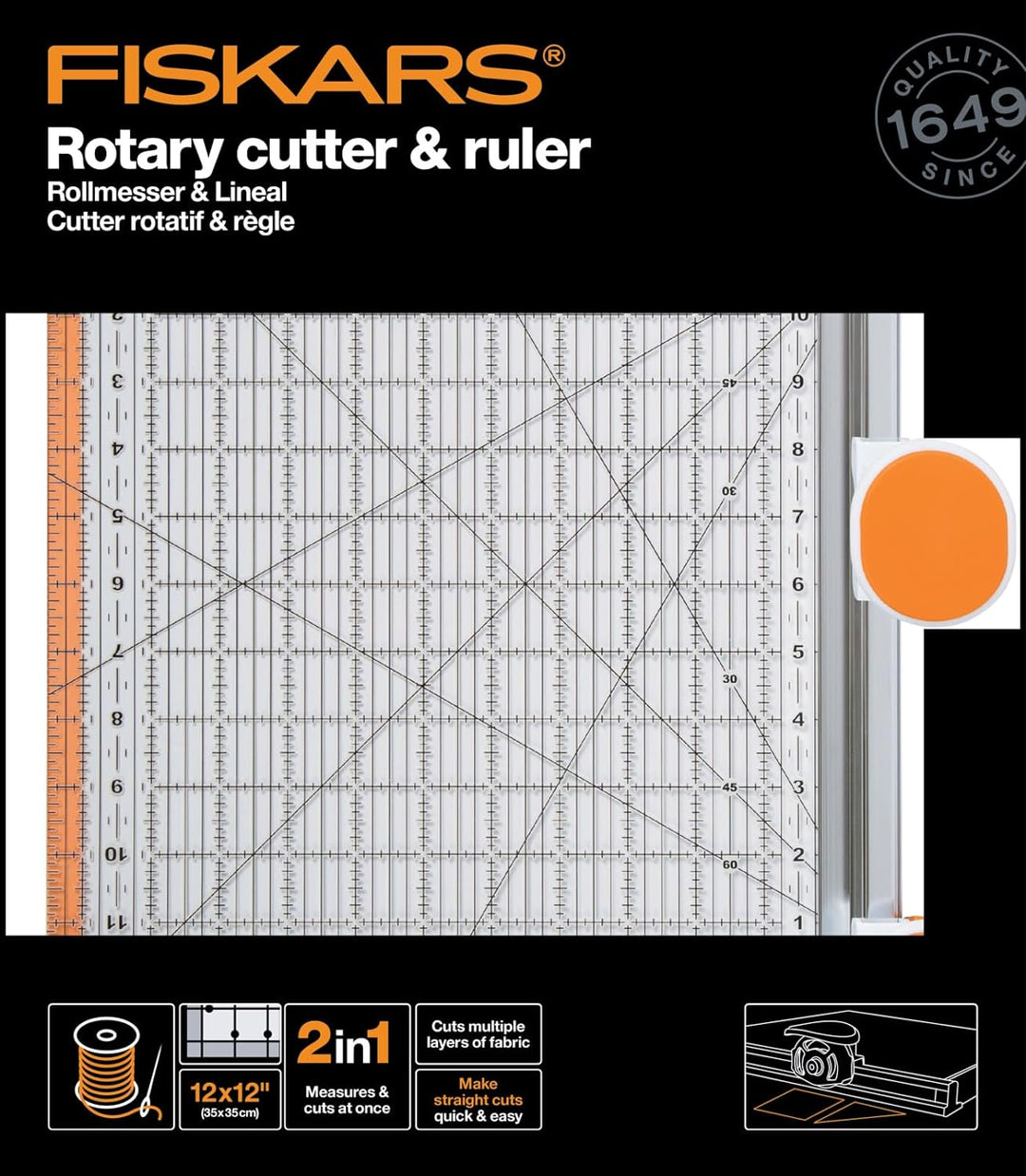Fiskars Rollmesser Ø 45 mm mit Lineal, 12” x 12”, Orange/Weiss, 1016264 Rollmesser mit Lineal 12” x