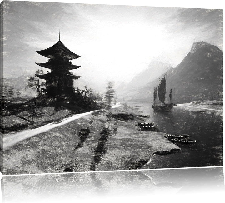 Pixxprint asiatischer Tempel an Fluss als Leinwandbild/Grösse: 100x70 cm/Wandbild/Kunstdruck/fertig