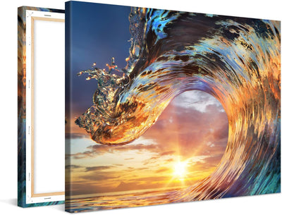 PICANOVA – Bild auf Leinwand Wellen-Sonnenuntergang 80x60cm – Leinwandbild – Premium Leinwanddruck –