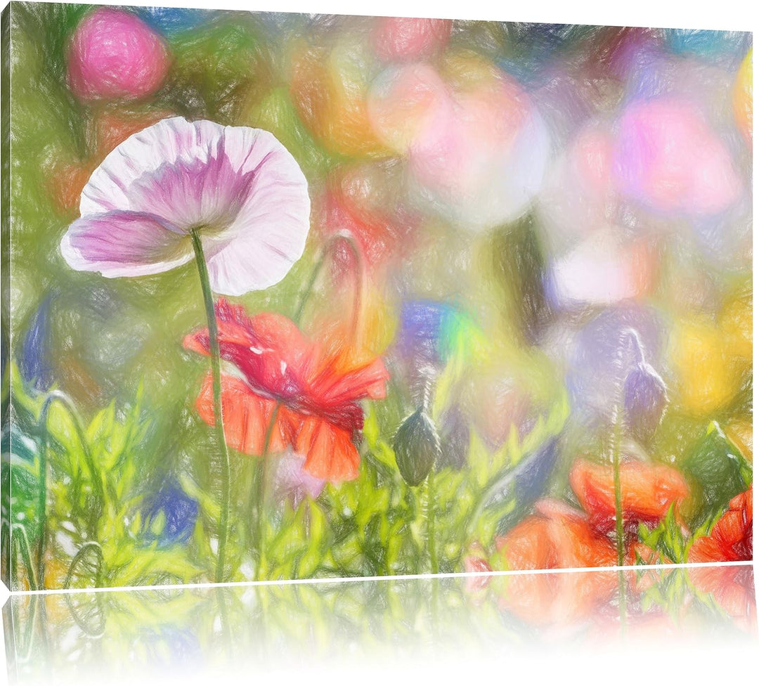 Pixxprint Kalifornischer Mohn im Frühling Kunst Buntstift Effekt, Format: 100x70 auf Leinwand, 100x7