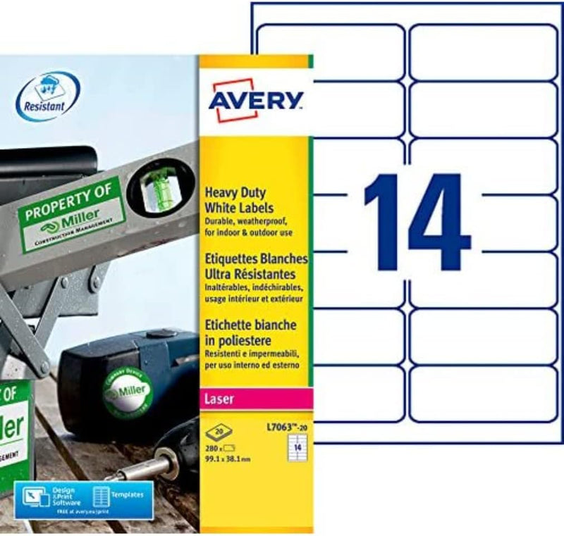 Avery L7060-20 – Packung mit Etiketten aus Polyester, Weiss, 99,1 x 38,1 mm 280, 280