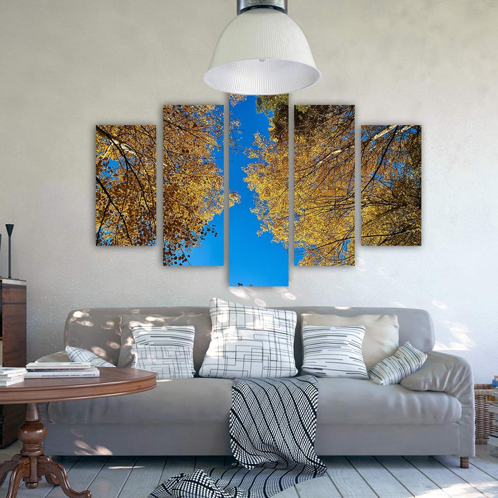 Feeby Leinwandbild 5 Teilig Bäume Bild Wanddeko Blätter Natur Himmel blau gelb 200x100 cm Leinwandbi
