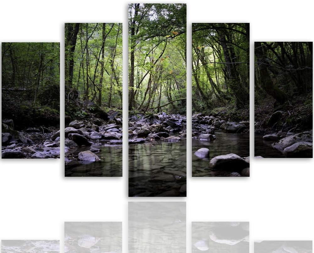 Leinwandbild 5 Teilig Landschaft Bild Wanddeko Fluss Wald Bäume grün 150x100 cm Leinwandbild 150x100
