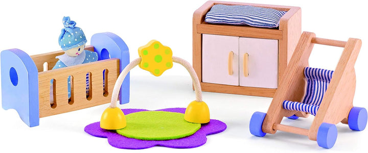 Hape E3401 - Vier-Jahreszeiten Haus (möbliert), Puppenhaus mit Zubehör, aus Holz & E3459 - Babyzimme