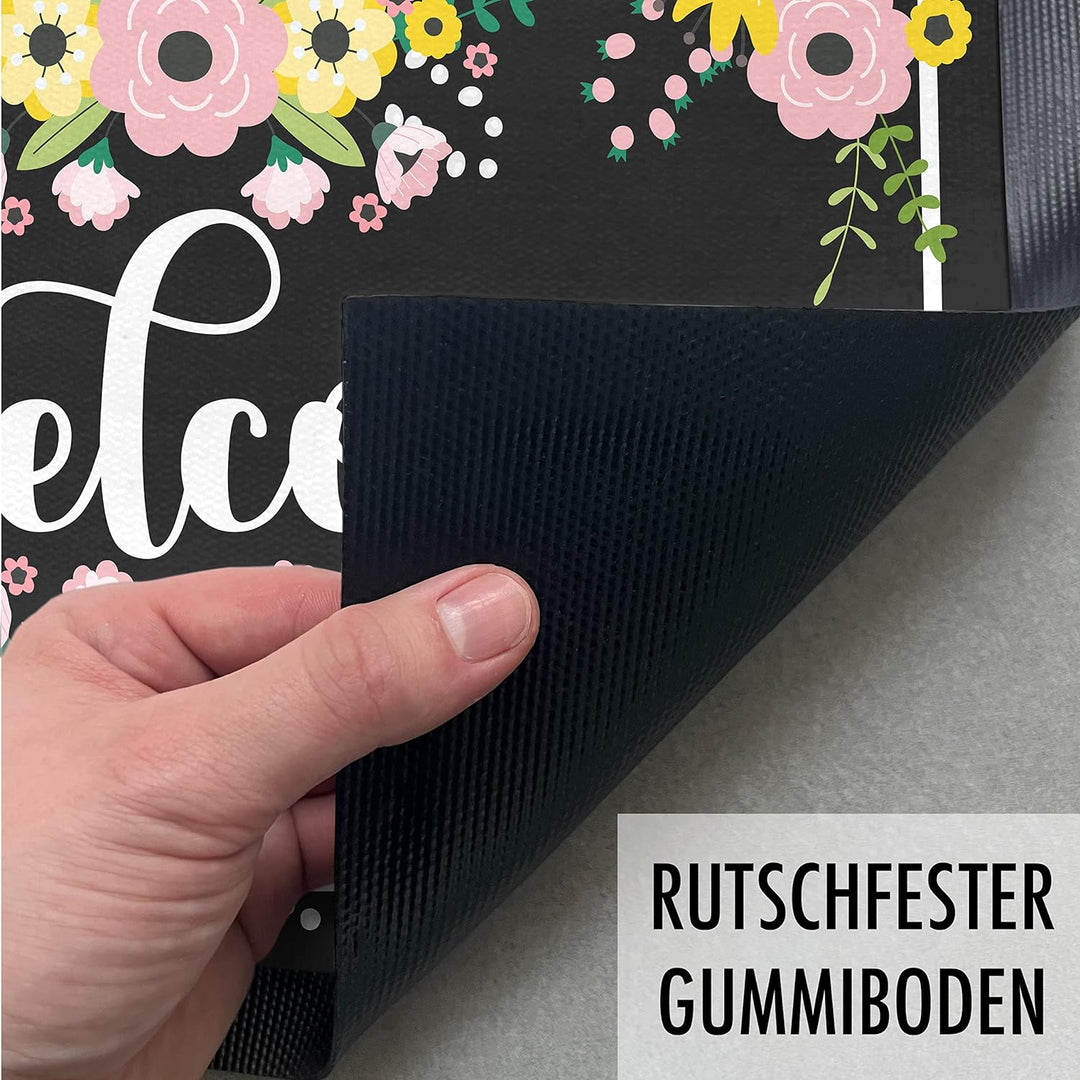 Trendation - Welcome Fussmatte Blumen Muster Grafik Geschenk Neue Wohnung Willkommen Aussen und Inne