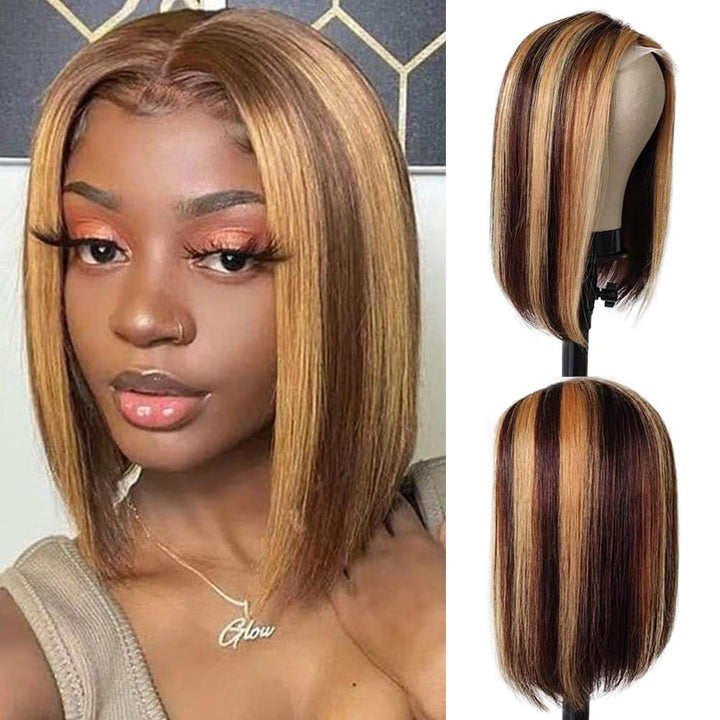 DÉBUT Glatte Bob Perücke, Echthaar, T-Teil, Spitzenfront, Bob-Perücke, vorgezupft, mit Babyhaar, 150