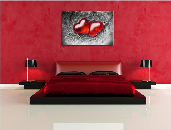 zwei Herzen in kleinem Nest schwarz/weiss Format: 100x70 auf Leinwand, XXL riesige Bilder fertig ger