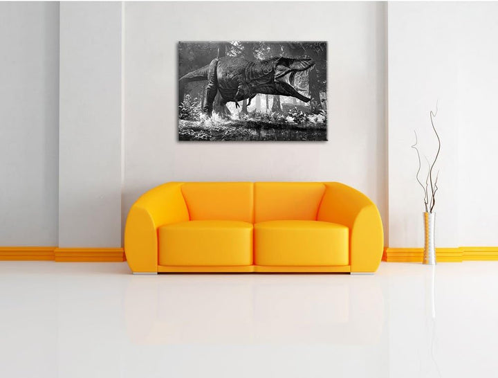 Pixxprint T-Rex Dinosaurier im Wald Kunst B&W, Format: 100x70 auf Leinwand, 100x70