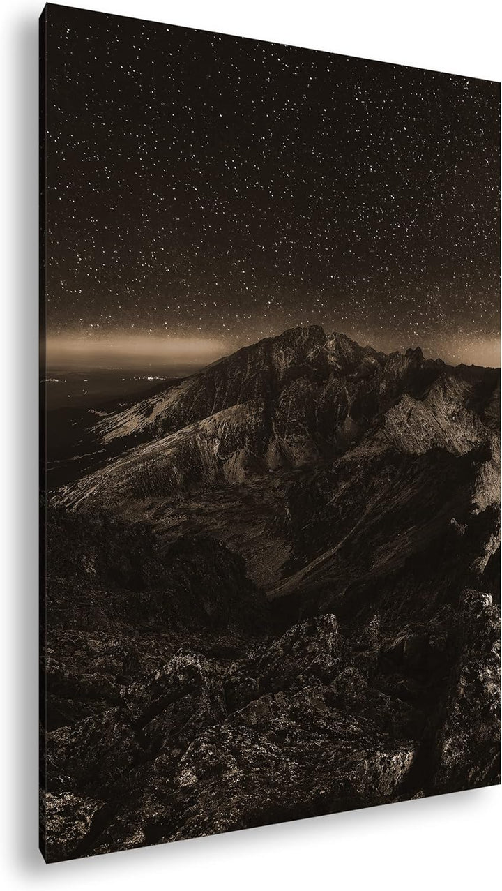 scheinende Nacht über den Bergen Effekt: Sepia, Format: 80x60 als Leinwandbild, Motiv fertig gerahmt