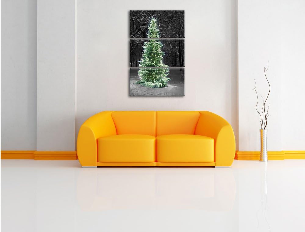 Pixxprint Weihnachtsbaum im Winterwald als Leinwandbild/Grösse: 3 Teilig (120x80) cm/Wandbild/Kunstd