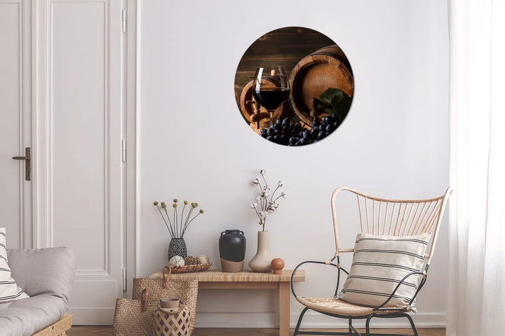 MuchoWow Wandbild Rund Wanddeko Deko Wohnzimmer Bilder 60x60 cm Wein - Weinglas - Weintrauben - Glas