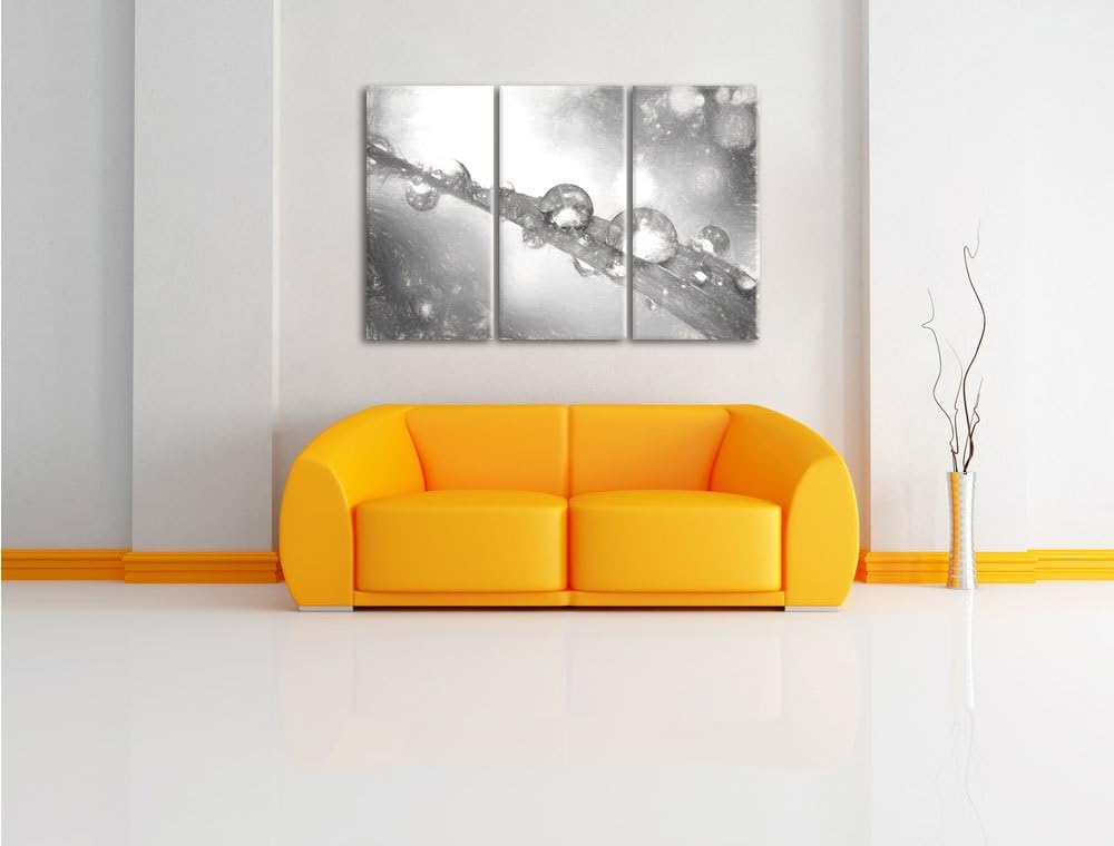 Pixxprint Wassertropfen auf Grashalm Kunst Kohle Effekt 3-Teiler Leinwandbild 120x80 Bild auf Leinwa