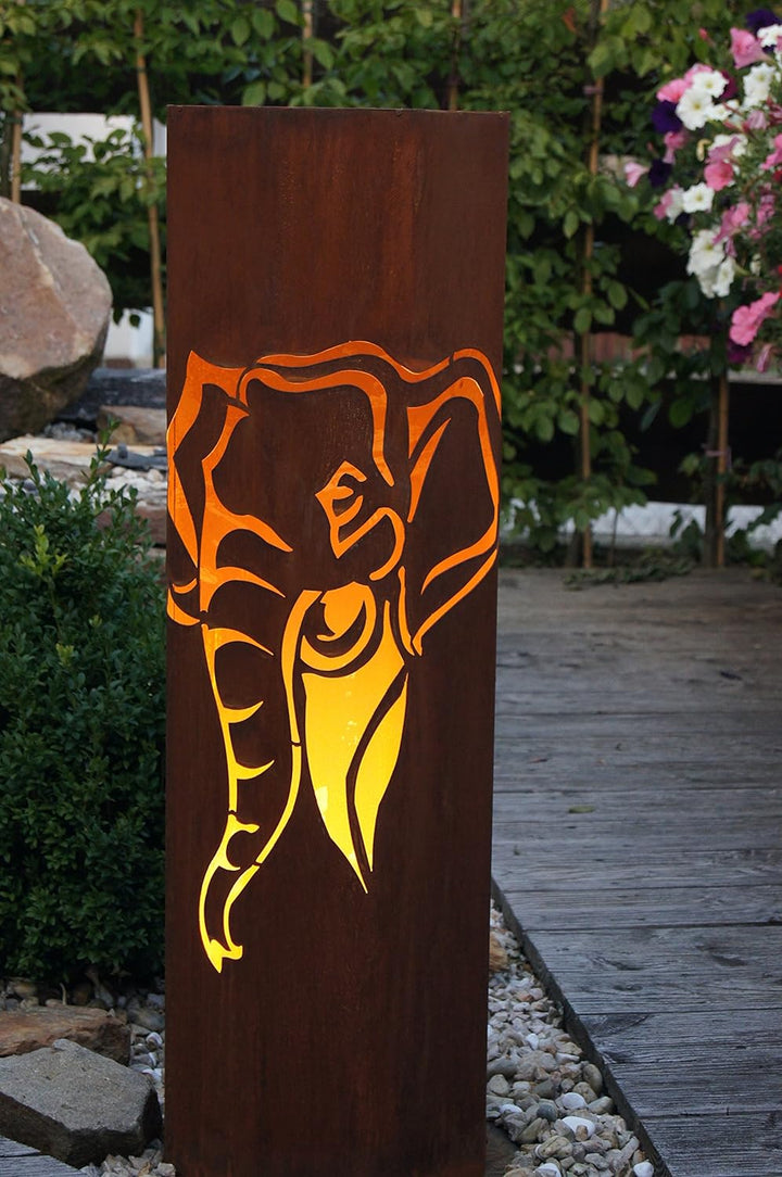 8-Eck Säule Elefant + Schale Classic Edelrost Rost Metall Gartendeko Garten Stele