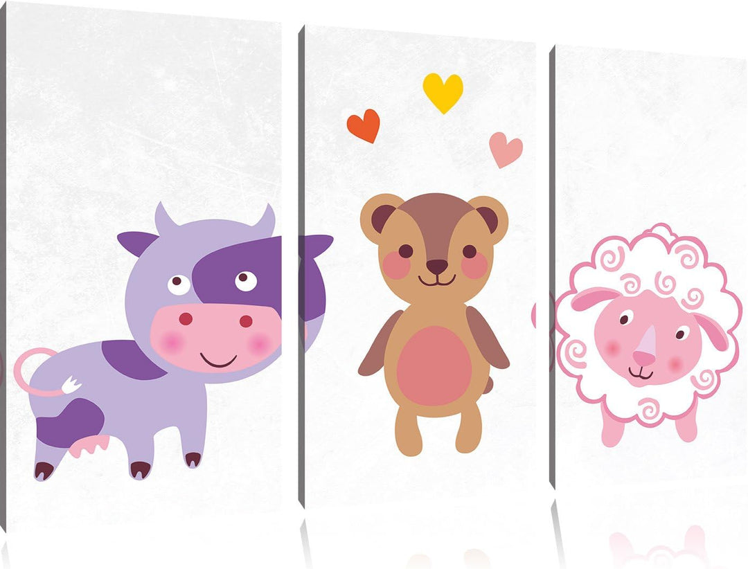 Pixxprint Kuh Teddy und Schaf als Leinwandbild/Grösse: 3 Teilig (120x80) cm/Wandbild/Kunstdruck/fert