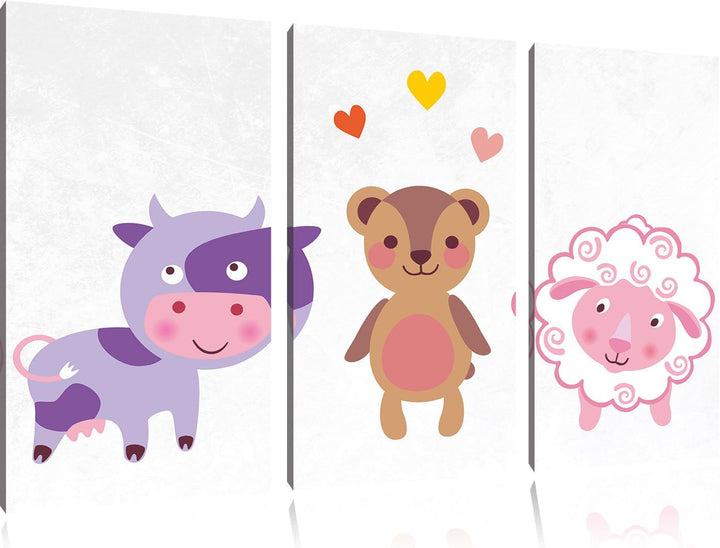 Pixxprint Kuh Teddy und Schaf als Leinwandbild/Grösse: 3 Teilig (120x80) cm/Wandbild/Kunstdruck/fert