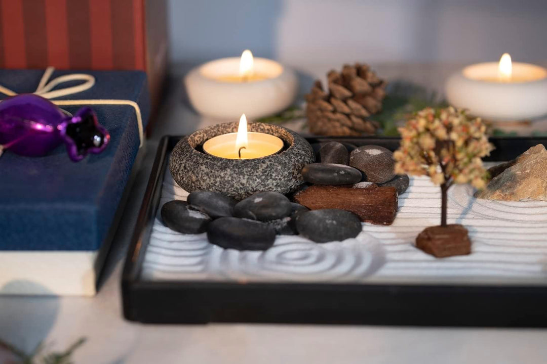ICNBUYS Kerzenhalter aus Zen-Gartenkiesel, handgefertigt, mit Zen-Gartenwerkzeugen, Sand, Grundplatt