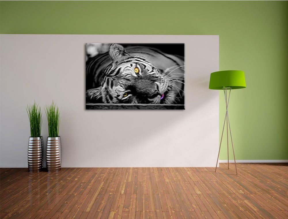 ruhender Tiger schwarz/weiss Deluxe Format: 100x70 cm auf Leinwand, XXL riesige Bilder fertig gerahm