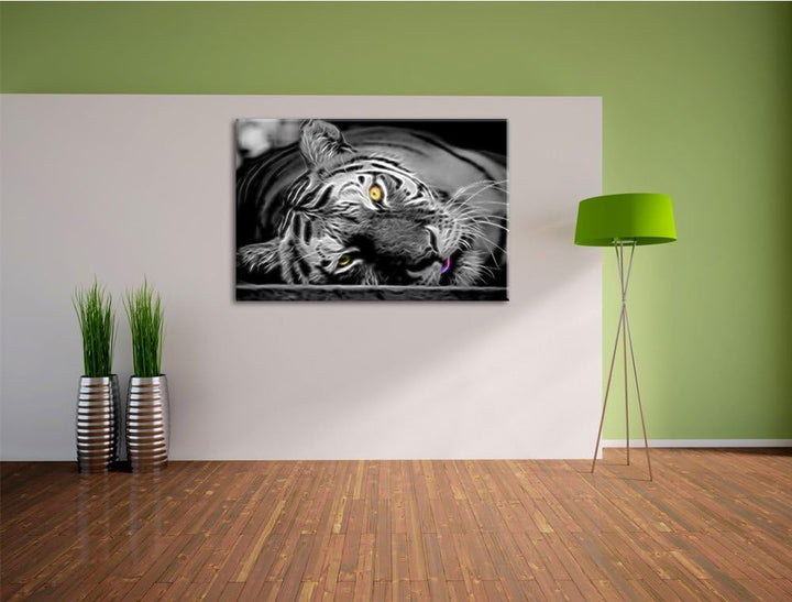 ruhender Tiger schwarz/weiss Deluxe Format: 100x70 cm auf Leinwand, XXL riesige Bilder fertig gerahm