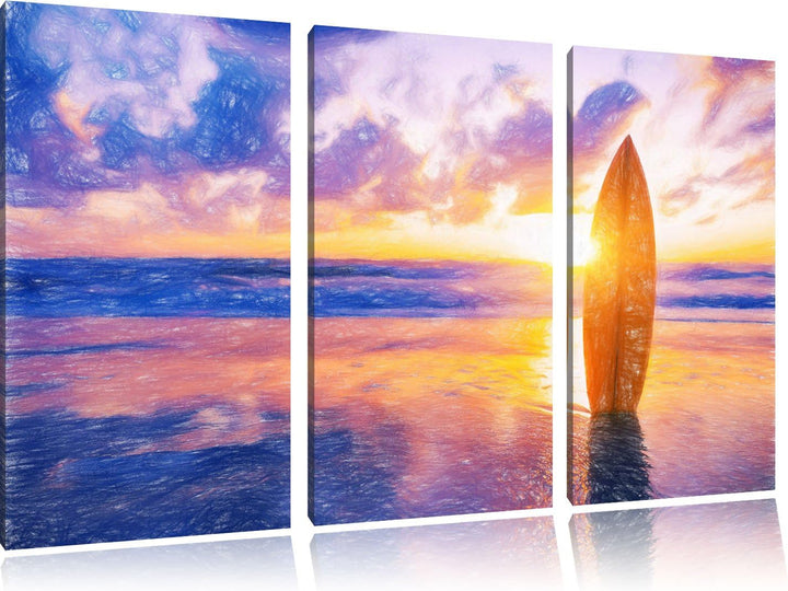 Pixxprint Surfbrett am Strand als Leinwandbild/Grösse: 3 Teilig (120x80 cm) cm/Wandbild/Kunstdruck/f