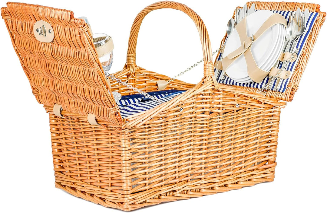 Zolta Picknickkorb 4 Personen - Korb mit Deckel - Weidenkorb mit Picknick Geschirr und Thermischer E