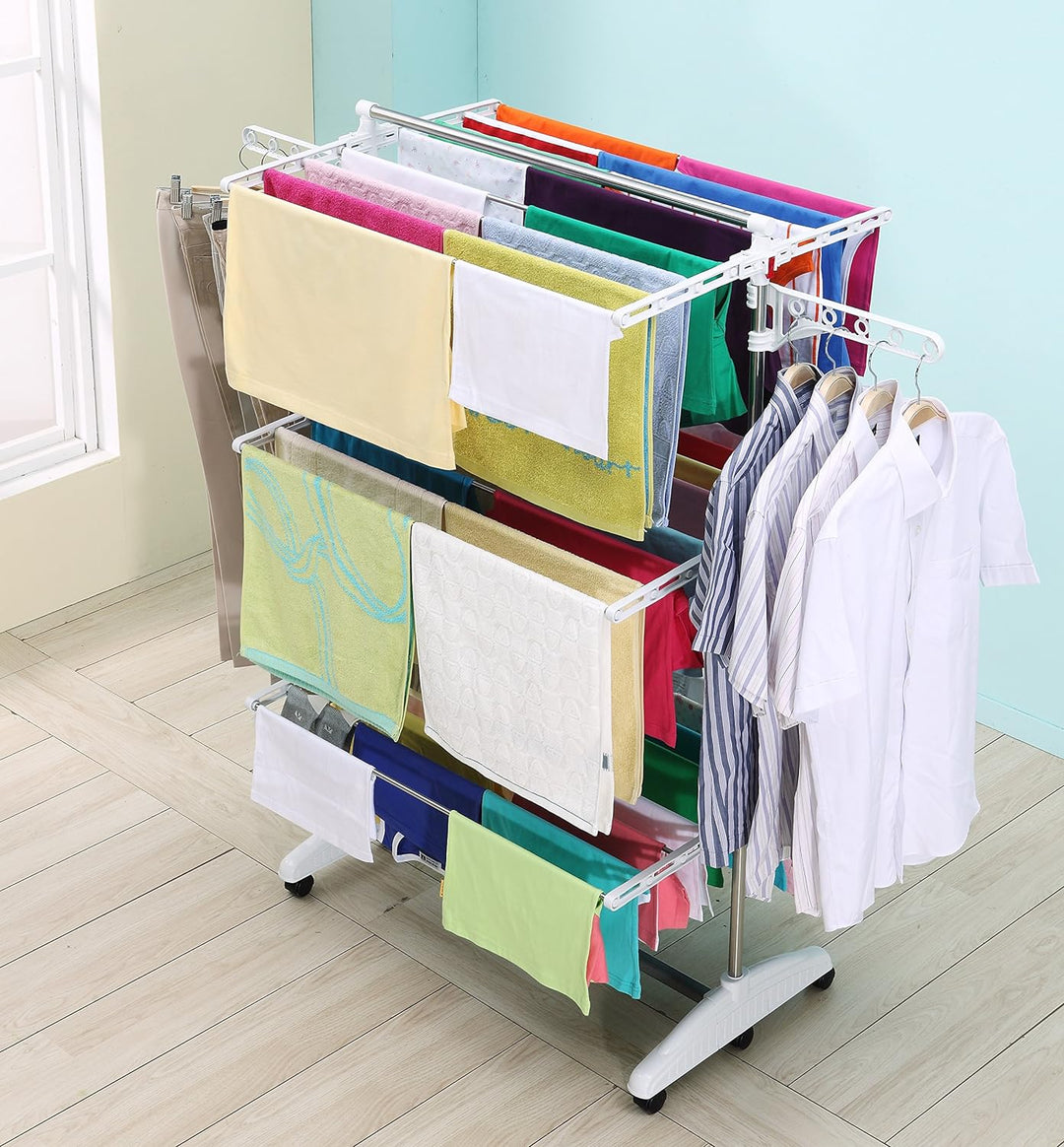 One Click Luxus Wäscheständer platzsparend - Standtrockner hoch - Wäscheturm auf 3 Ebenen E3 mit 3 E