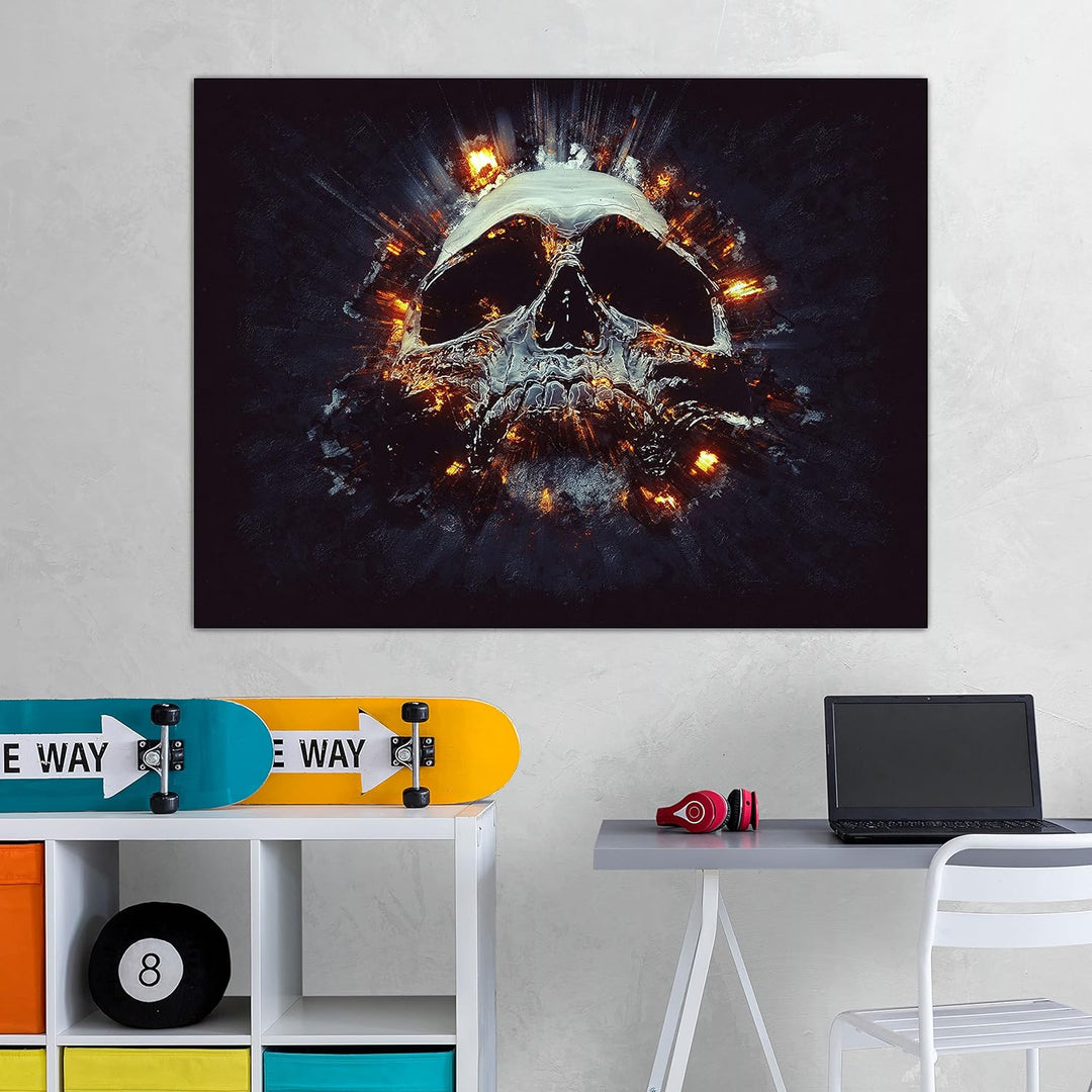 wandmotiv24 Totenkopf Wandbild aus Acrylglas, Grösse 100x75cm, Querformat, Explosion Schädel, Feuer,