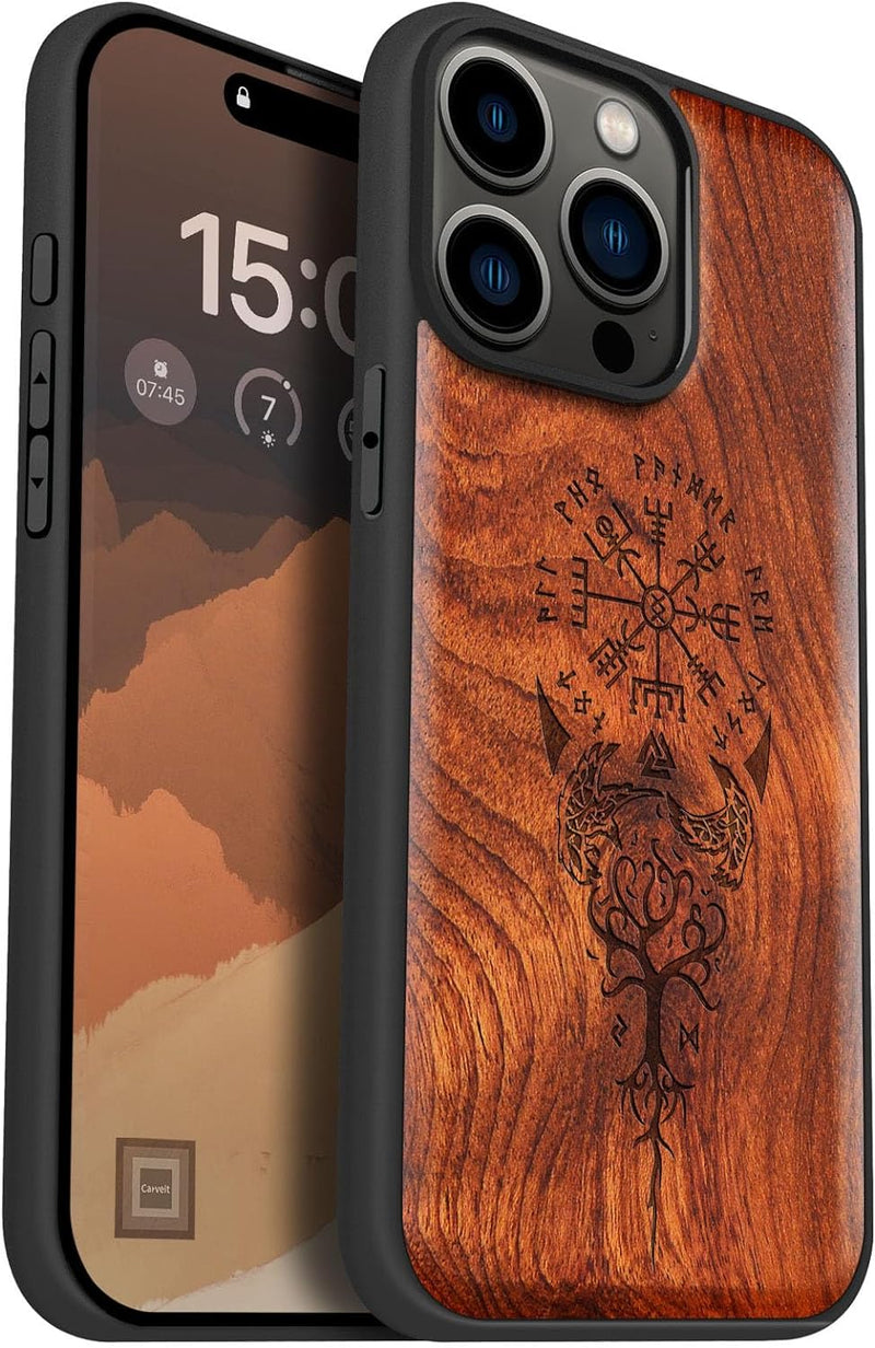 Carveit Holz Cover für iPhone 15 Pro Max hülle, Kompatibel mit Magsafe Silikon Stossfeste Cover, Mag