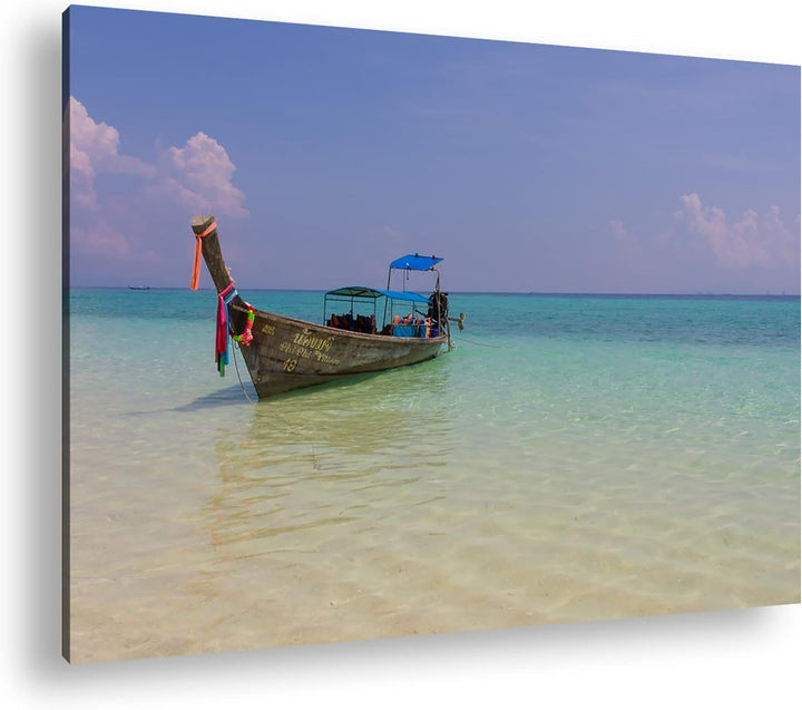 deyoli Boot am Meer im Format: 80x60 als Leinwandbild, Motiv fertig gerahmt auf Echtholzrahmen, Hoch