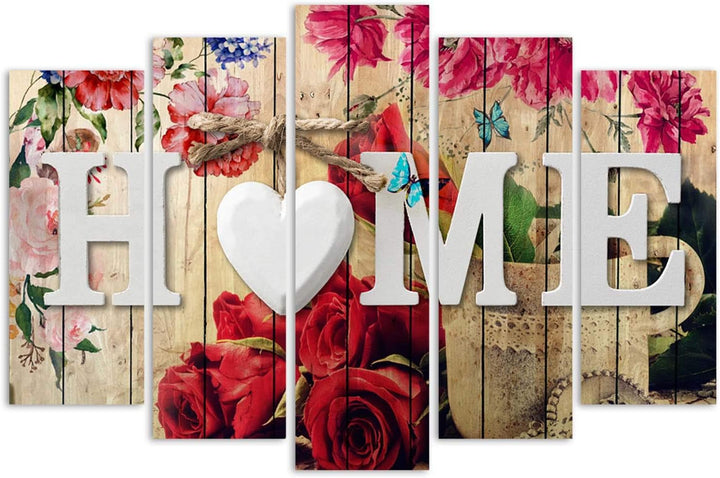 Wanddeko 5 Paneele Home 100x70 cm Deko Wand Kunst Wanddekoration Herz Schmetterlinge Blumen Rot Deko