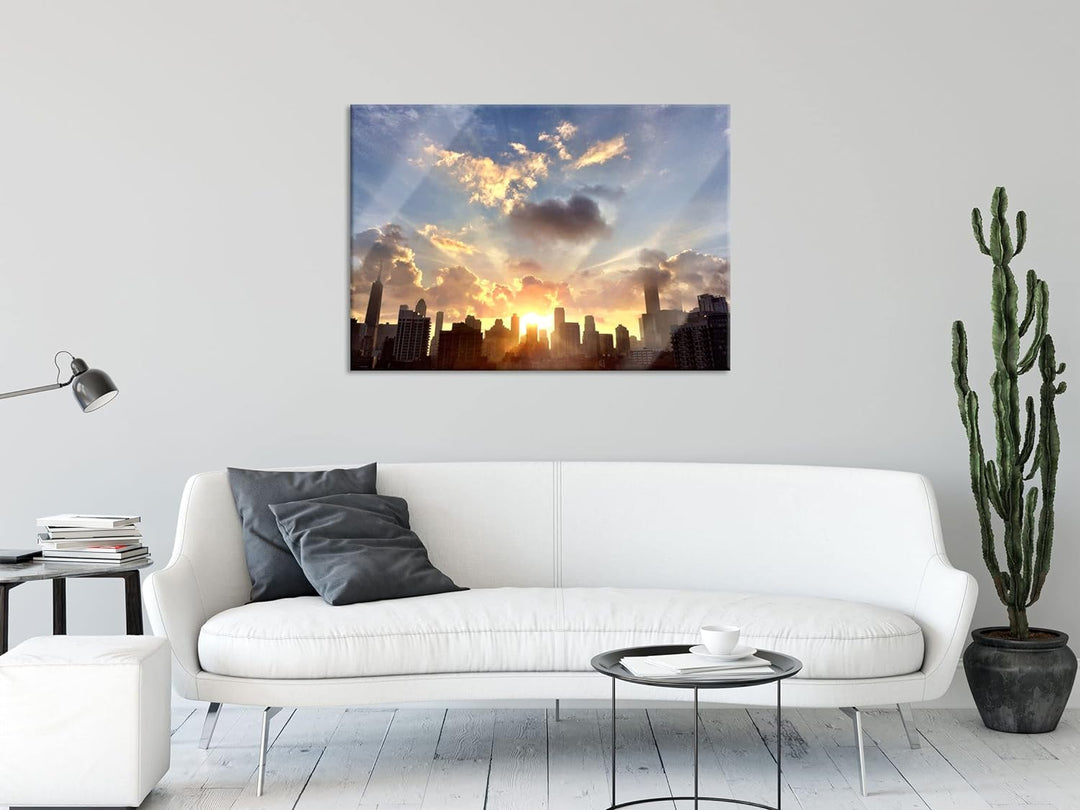 Pixxprint Glasbild | Wandbild aus Echtglas | Chicago Skyline im Sonnenaufgang | 100x70 cm | inkl. Au