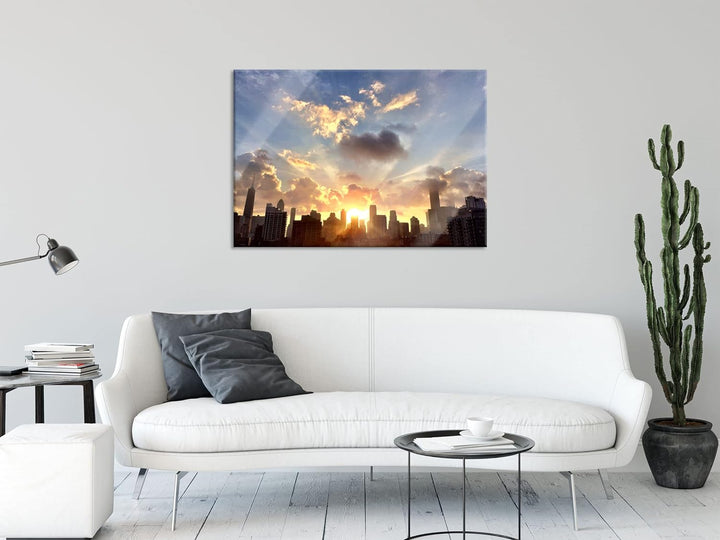 Pixxprint Glasbild | Wandbild aus Echtglas | Chicago Skyline im Sonnenaufgang | 100x70 cm | inkl. Au