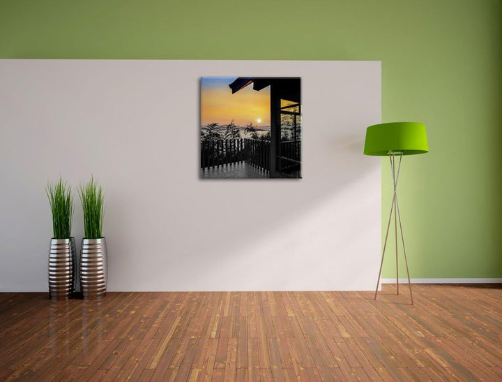 Pixxprint Aussicht auf Sonnenuntergang über See schwarz/weiss, Format: 70x70 auf Leinwand, 70x70