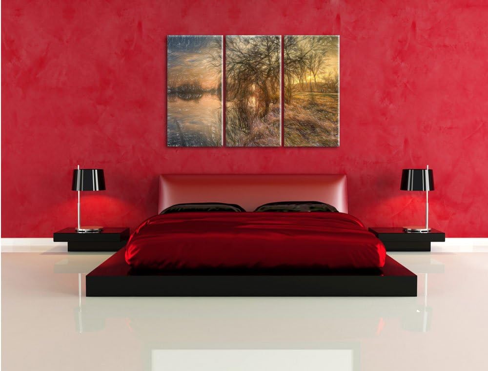 Pixxprint herbstliche Landschaft im Morgengrauen Kunst Buntstift Effekt 3-Teiler Leinwandbild 120x80
