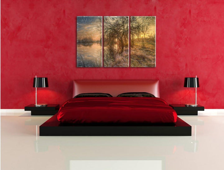 Pixxprint herbstliche Landschaft im Morgengrauen Kunst Buntstift Effekt 3-Teiler Leinwandbild 120x80