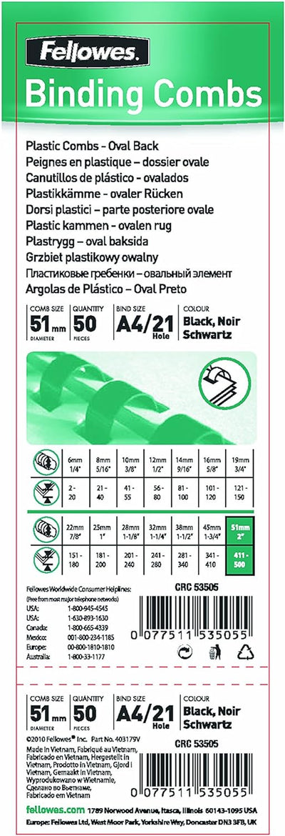 Fellowes Binderücken für Plastikbindung, 51 mm Durchmesser, 21 Ringe, für A4 Dokumente, weiss, Packu