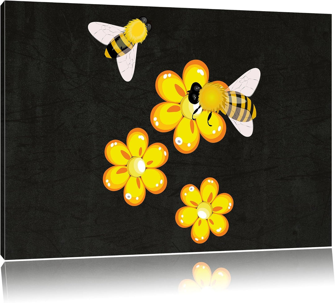 Pixxprint hübsche Bienen mit Blumen als Leinwandbild/Grösse: 100x70 cm/Wandbild/Kunstdruck/fertig be