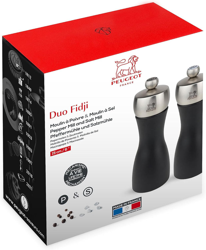 Peugeot Fidji Mühlen-Set Pfeffer/Salz, Klassische Mahlgradeinstellung, Höhe: 15 cm, Holz, Schwarz, 2