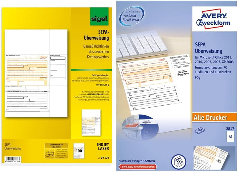 SIGEL ZV570 SEPA-Überweisungen, A4, 100 Blatt, incl. free download Beschriftungsassistent & AVERY Zw