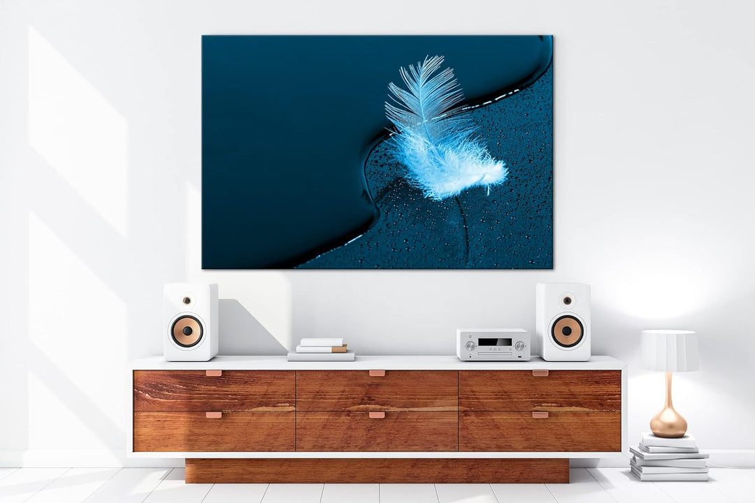 deyoli schöne Feder mit Wassertropfen Format 80x60 Effekt: Monocrome Blau als Leinwandbild, Motiv fe