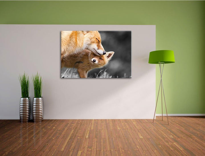 süsse kuschelnden Füchse schwarz/weiss Format: 100x70 auf Leinwand, XXL riesige Bilder fertig gerahm