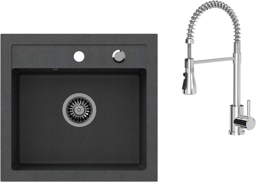 VBChome Spülbecken mit Armatur 50 x 47 cm Schwarz Granit Spüle Einzelbecken Küche Einbauspüle Verbun