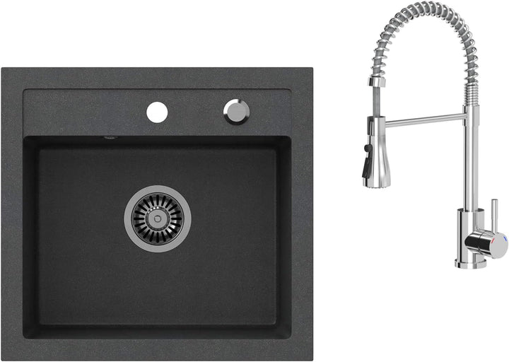 VBChome Spülbecken mit Armatur 50 x 47 cm Schwarz Granit Spüle Einzelbecken Küche Einbauspüle Verbun