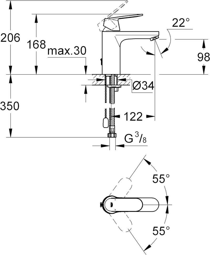 GROHE Eurosmart Cosmopolitan | Badarmatur - Waschtischarmatur | versenkbarer Kette, mittelhoher Ausl