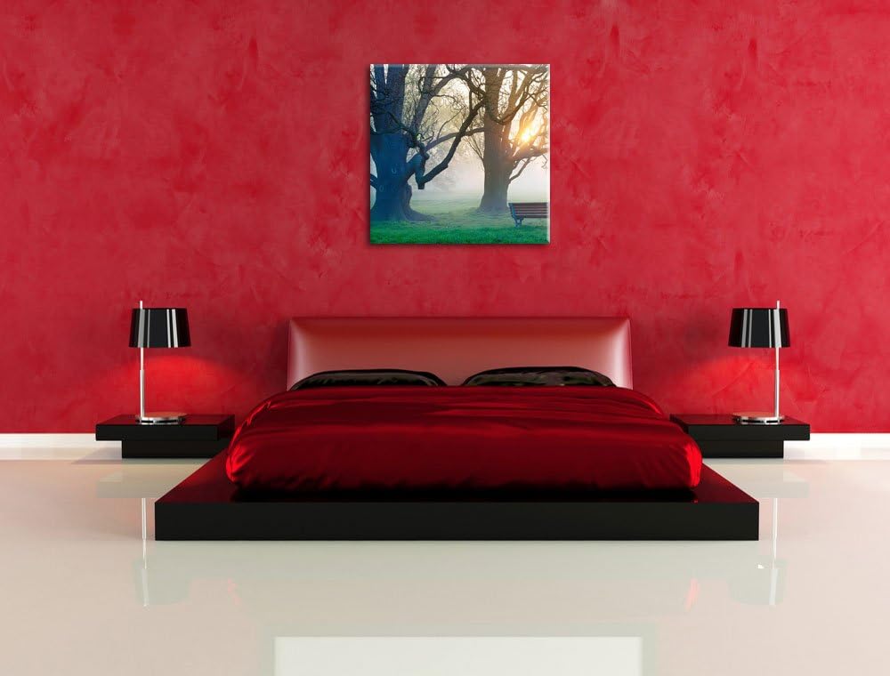 Baum und Bank im Nebel, Format: 70x70 auf Leinwand, XXL riesige Bilder fertig gerahmt mit Keilrahmen
