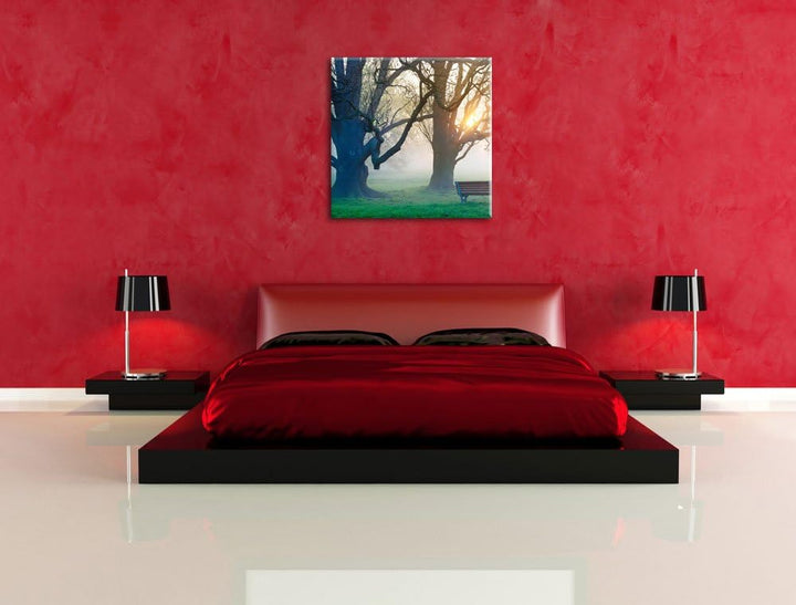 Baum und Bank im Nebel, Format: 70x70 auf Leinwand, XXL riesige Bilder fertig gerahmt mit Keilrahmen