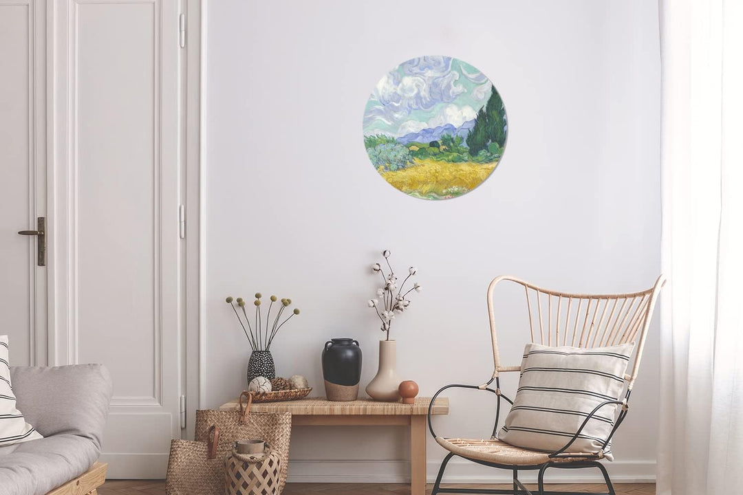 MuchoWow Wandbild Rund Wanddeko Deko Wohnzimmer Bilder 30x30 cm Weizenfeld mit Zypressen - Vincent v
