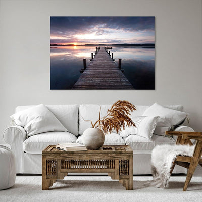 Bilder auf Leinwand 100x70cm Leinwandbild Fussgängerbrücke See Sonnenuntergang Abend Gross Wanddeko