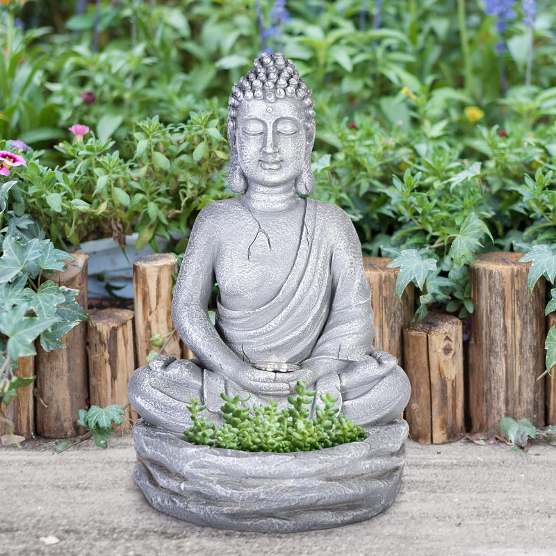 Solpex Garten Statue Buddha mit Leuchte, Figur Gartendeko für aussen mit Solarlampe, Geschenke für M