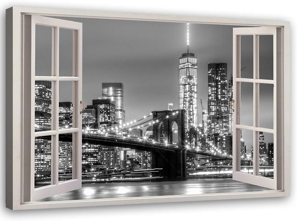 Feeby Wandbild 3D Illusion Druckbild Leinwandbild New York schwarz-weiss 90x60 cm Leinwandbild 90x60