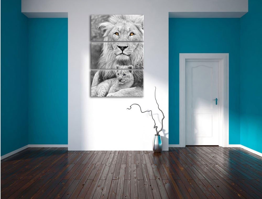 Pixxprint liebevoller Löwe kuschelt mit Jungtier schwarz/weiss 3-Teiler Leinwandbild 120x80 Bild auf